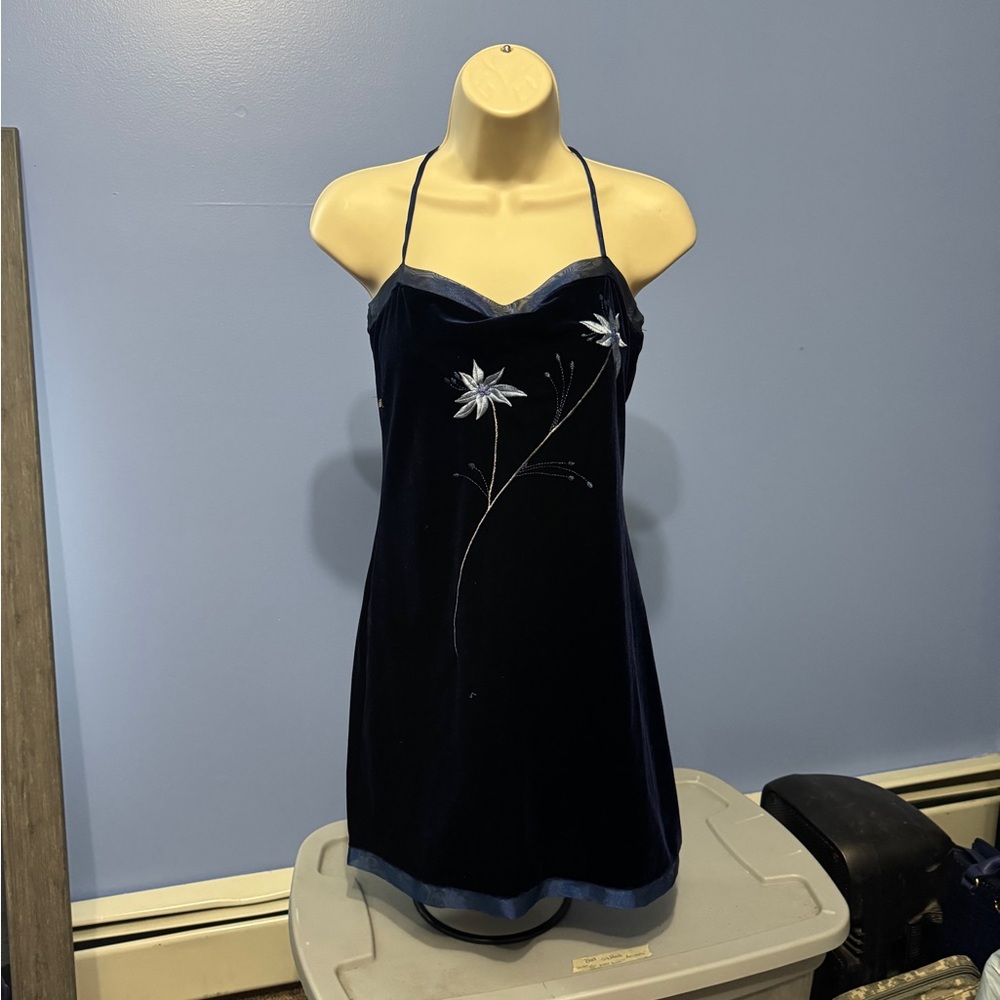 Bonkers Navy Blue Dress with Floral Embroidery